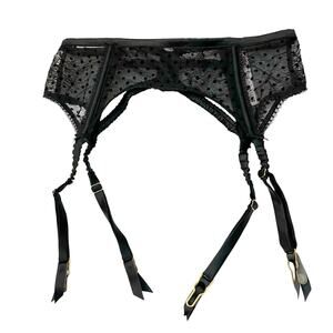 Victorias Secret Mesh Lace Garter Belt XS/S Sheer Black Satin Trim Swiss Dot